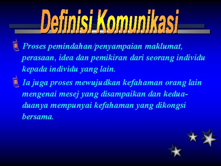 ÈProses pemindahan/penyampaian maklumat, perasaan, idea dan pemikiran dari seorang individu kepada individu yang lain. ÈProses pemindahan/penyampaian maklumat, perasaan, idea dan pemikiran dari seorang individu kepada individu yang lain.