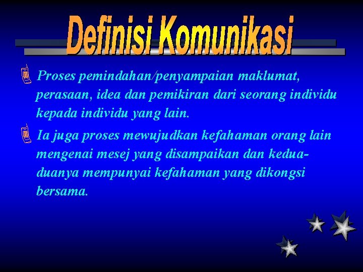 ÈProses pemindahan/penyampaian maklumat, perasaan, idea dan pemikiran dari seorang individu kepada individu yang lain.