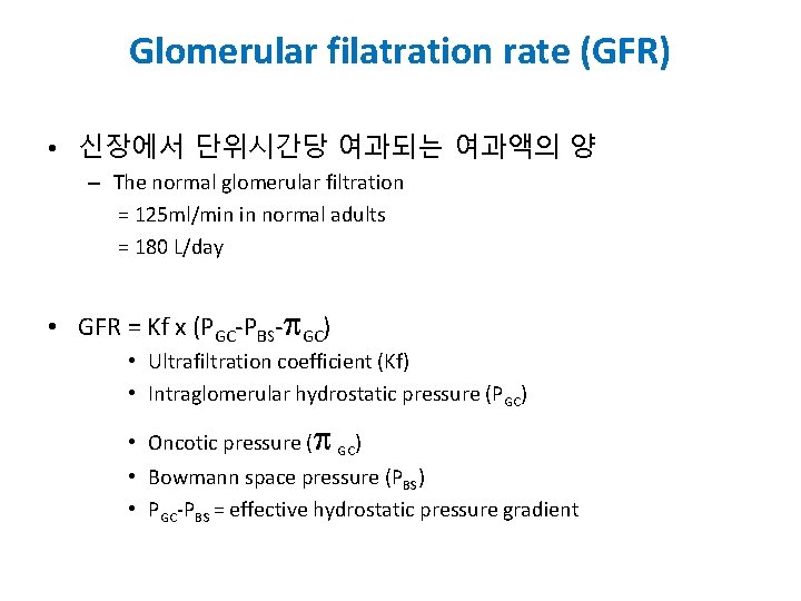 Glomerular filatration rate (GFR) • 신장에서 단위시간당 여과되는 여과액의 양 – The normal glomerular