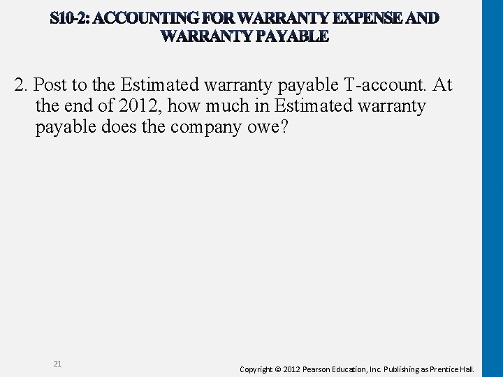 2. Post to the Estimated warranty payable T-account. At the end of 2012, how