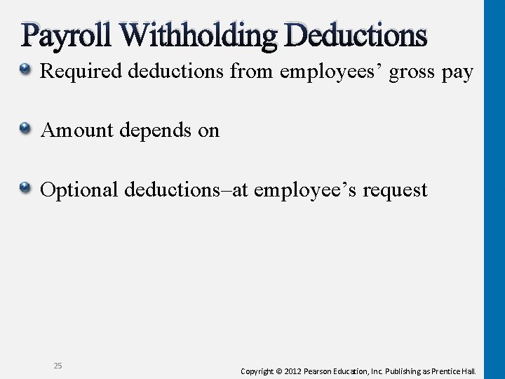 Payroll Withholding Deductions Required deductions from employees’ gross pay Amount depends on Optional deductions–at