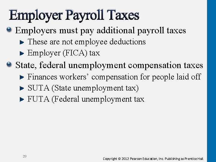 Employer Payroll Taxes Employers must pay additional payroll taxes These are not employee deductions
