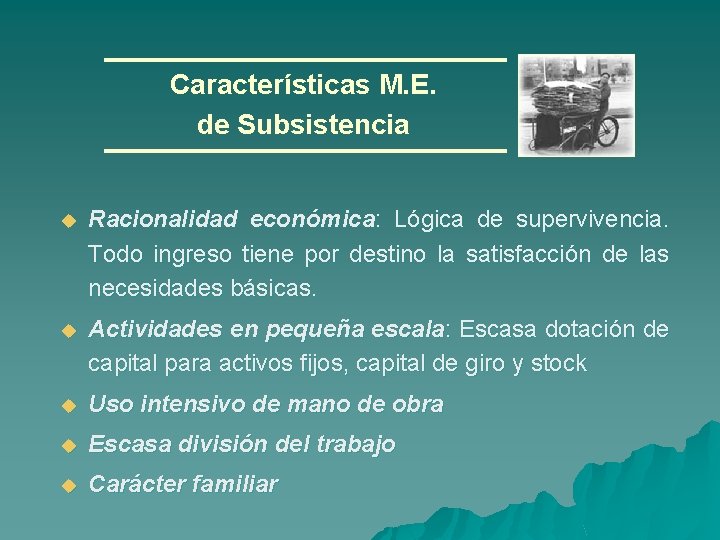Características M. E. de Subsistencia u Racionalidad económica: Lógica de supervivencia. Todo ingreso tiene