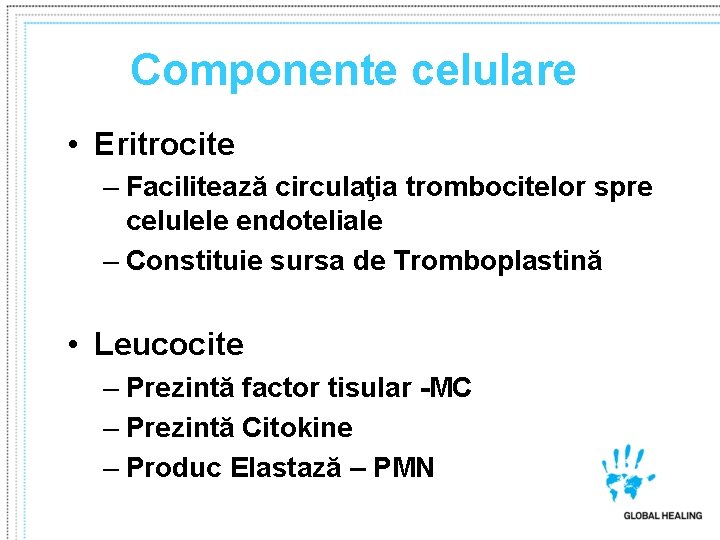 Componente celulare • Eritrocite – Facilitează circulaţia trombocitelor spre celulele endoteliale – Constituie sursa Componente celulare • Eritrocite – Facilitează circulaţia trombocitelor spre celulele endoteliale – Constituie sursa