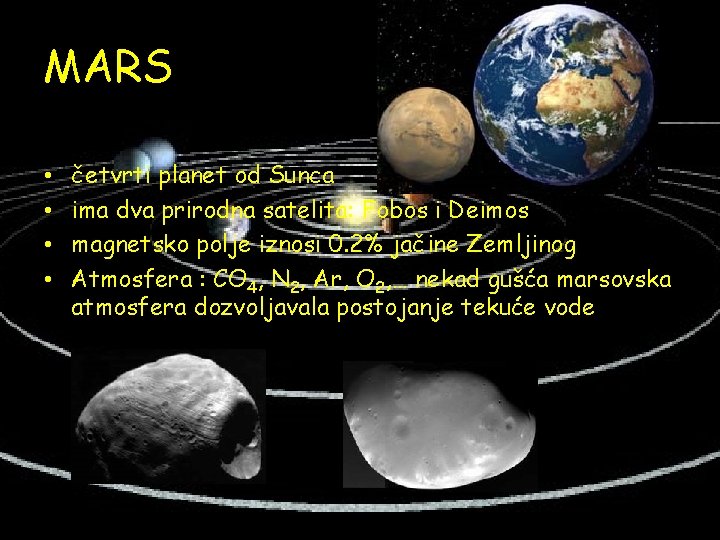 MARS • • četvrti planet od Sunca ima dva prirodna satelita: Fobos i Deimos