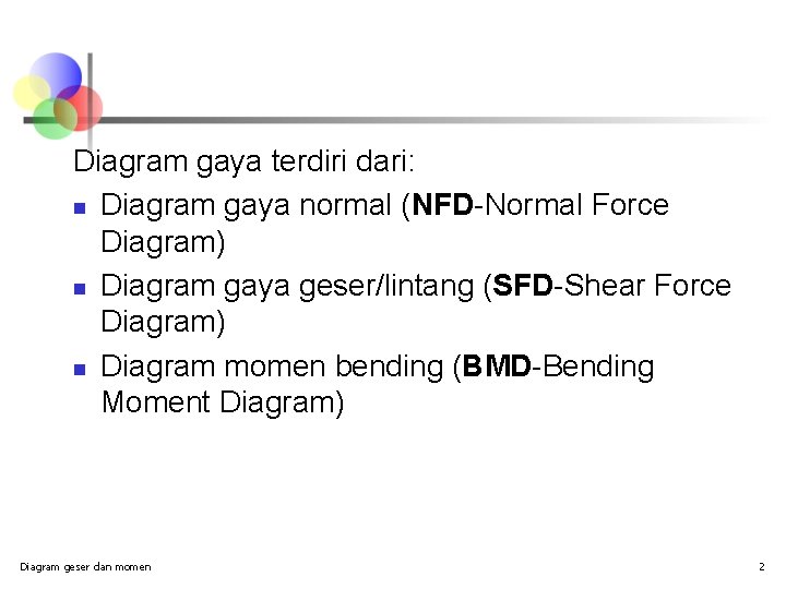 Diagram gaya terdiri dari: n Diagram gaya normal (NFD-Normal Force Diagram) n Diagram gaya