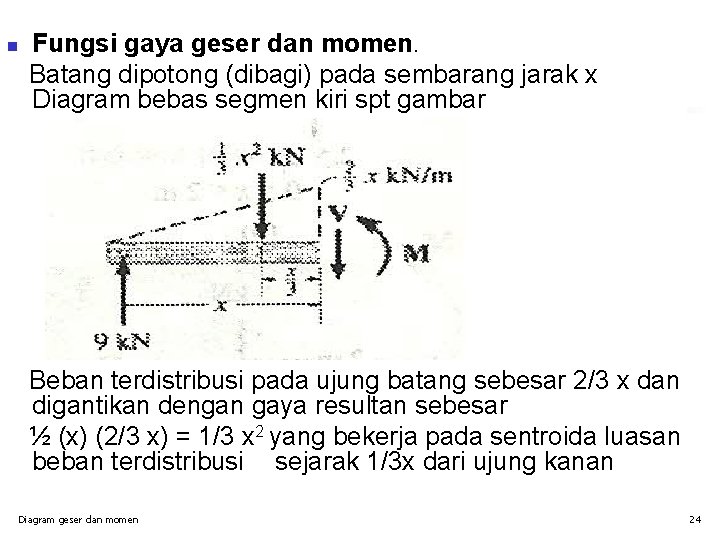 n Fungsi gaya geser dan momen. Batang dipotong (dibagi) pada sembarang jarak x Diagram