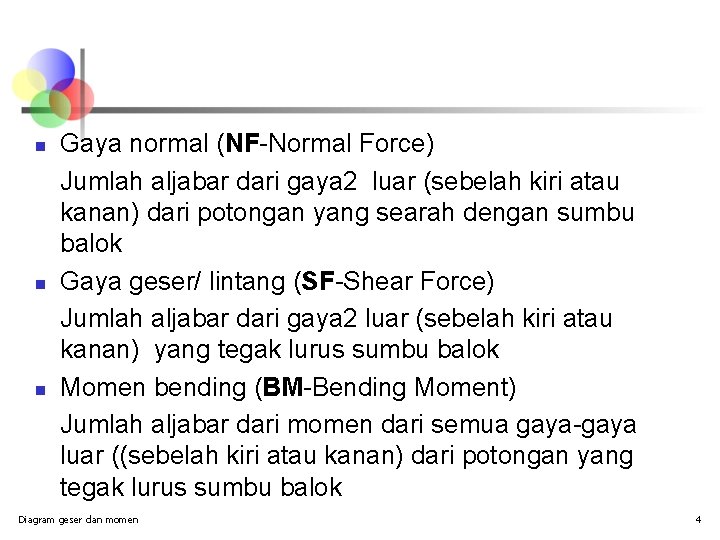 n n n Gaya normal (NF-Normal Force) Jumlah aljabar dari gaya 2 luar (sebelah