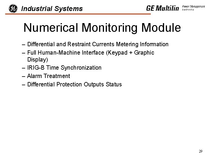 Industrial Systems Numerical Monitoring Module – Differential and Restraint Currents Metering Information – Full