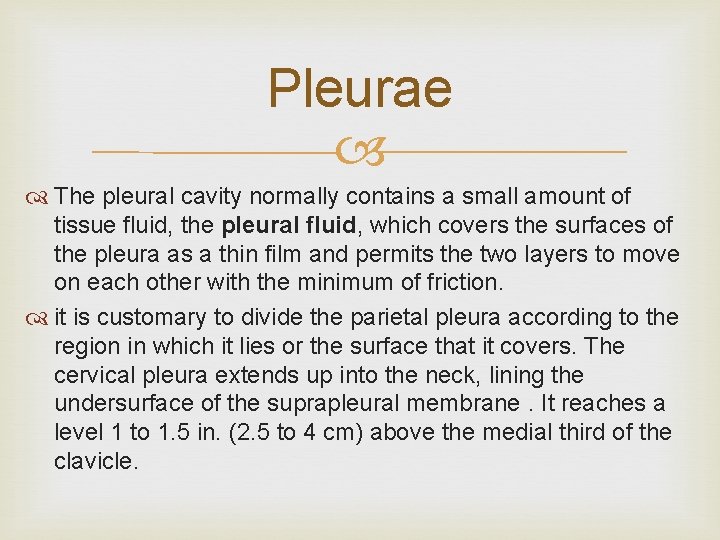 Pleurae The pleural cavity normally contains a small amount of tissue fluid, the pleural