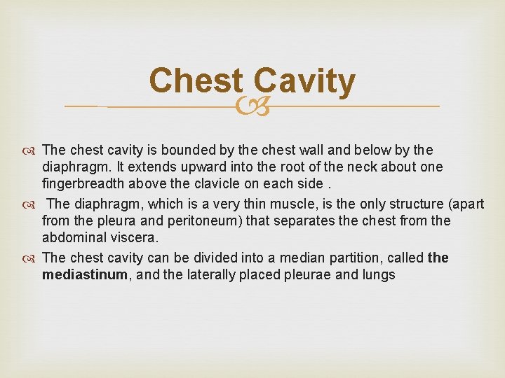 Chest Cavity The chest cavity is bounded by the chest wall and below by