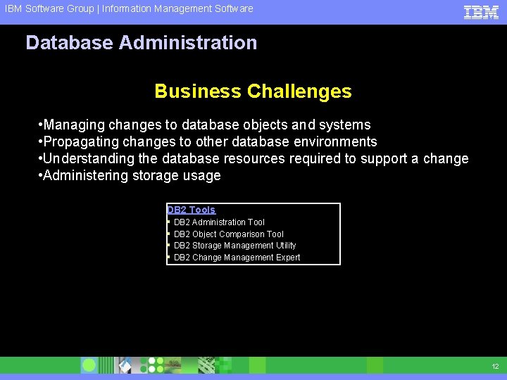 IBM Software Group | Information Management Software Database Administration Business Challenges • Managing changes