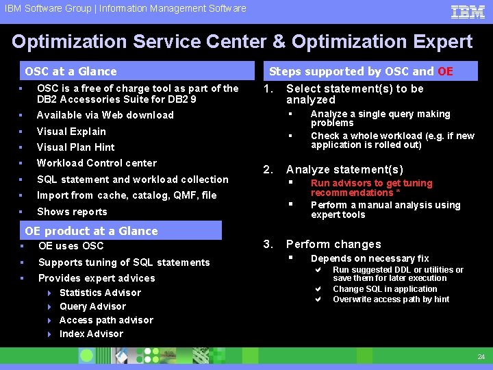 IBM Software Group | Information Management Software Optimization Service Center & Optimization Expert OSC