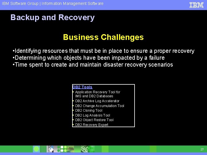 IBM Software Group | Information Management Software Backup and Recovery Business Challenges • Identifying