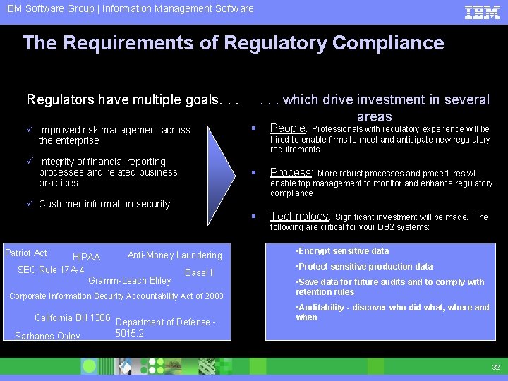 IBM Software Group | Information Management Software The Requirements of Regulatory Compliance Regulators have