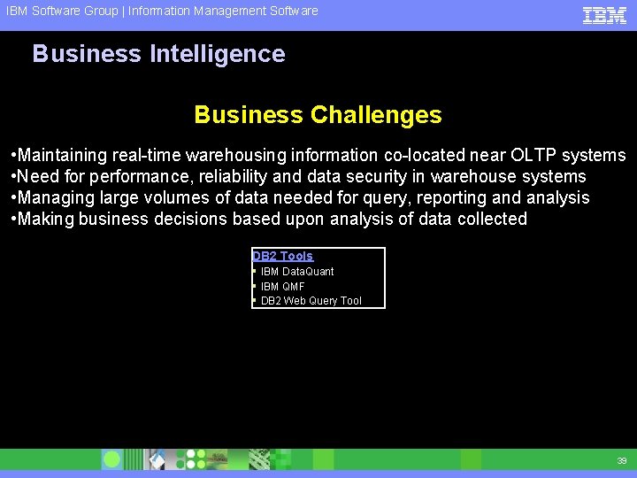 IBM Software Group | Information Management Software Business Intelligence Business Challenges • Maintaining real-time