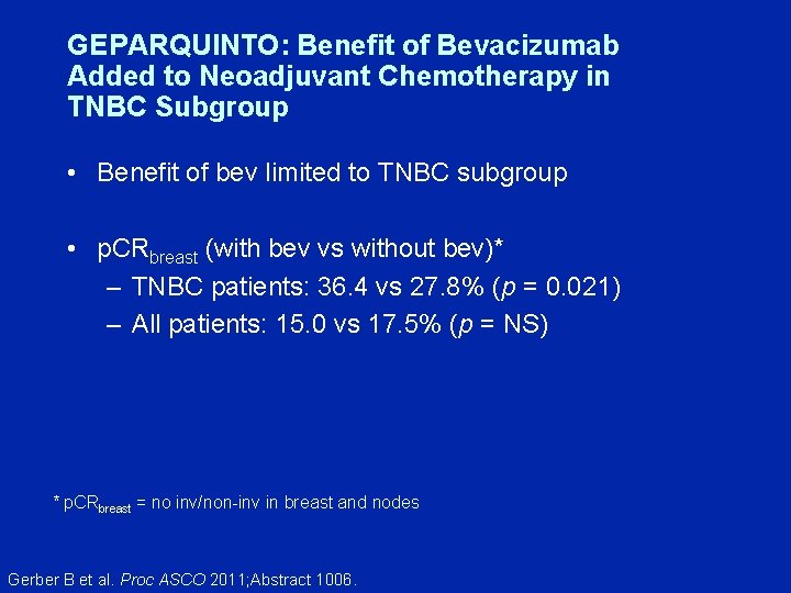 GEPARQUINTO: Benefit of Bevacizumab Added to Neoadjuvant Chemotherapy in TNBC Subgroup • Benefit of
