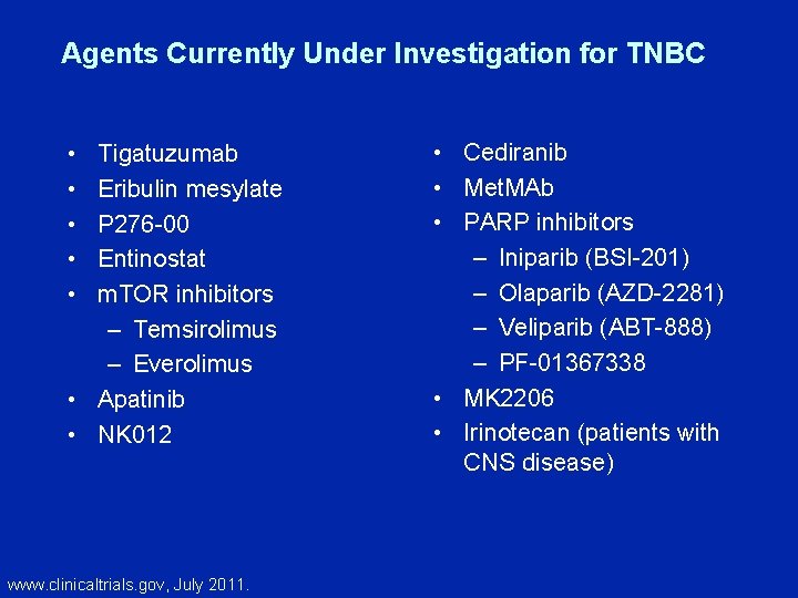 Agents Currently Under Investigation for TNBC • • • Tigatuzumab Eribulin mesylate P 276