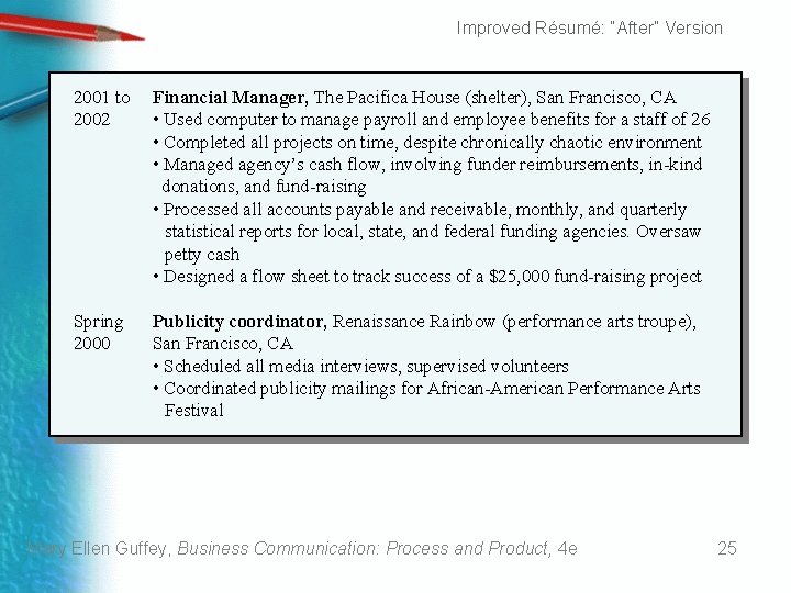 Improved Résumé: “After” Version 2001 to 2002 Financial Manager, The Pacifica House (shelter), San