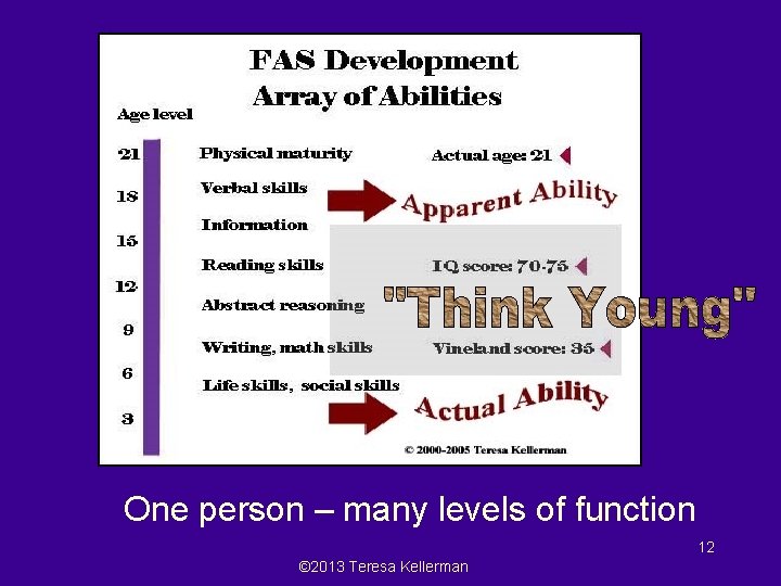 One person – many levels of function 12 © 2013 Teresa Kellerman 