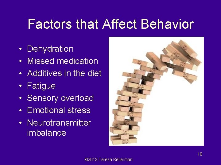 Factors that Affect Behavior • • Dehydration Missed medication Additives in the diet Fatigue