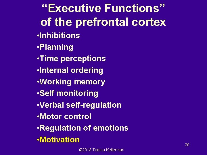 “Executive Functions” of the prefrontal cortex • Inhibitions • Planning • Time perceptions •