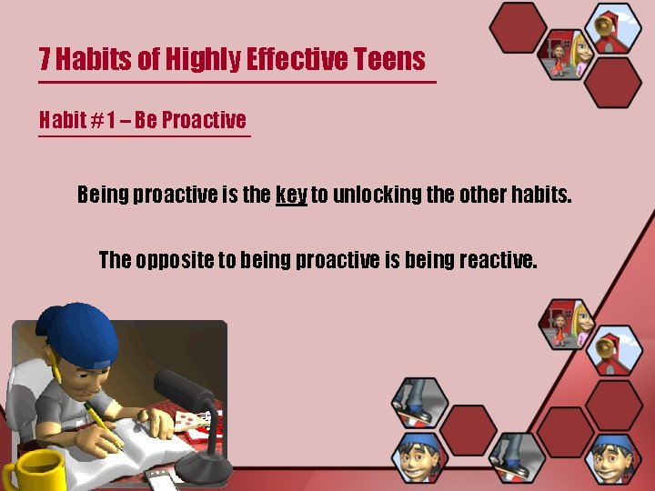 7 Habits of Highly Effective Teens Habit # 1 – Be Proactive Being proactive