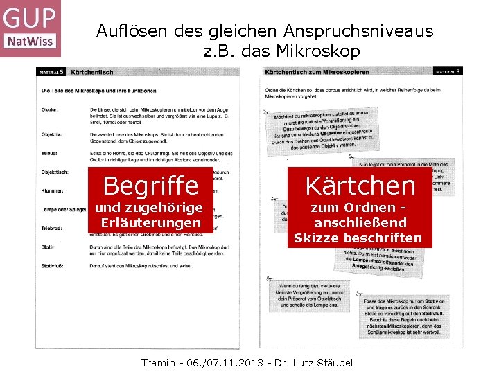 Auflösen des gleichen Anspruchsniveaus z. B. das Mikroskop Begriffe und zugehörige Erläuterungen Kärtchen zum