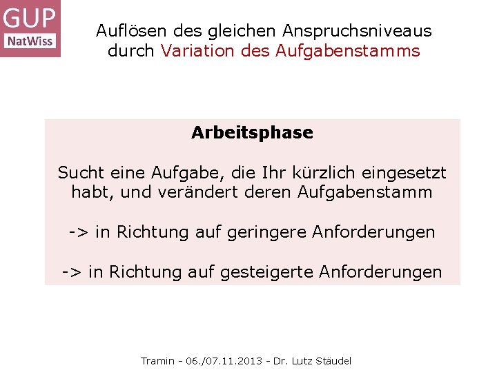 Auflösen des gleichen Anspruchsniveaus durch Variation des Aufgabenstamms Arbeitsphase Sucht eine Aufgabe, die Ihr