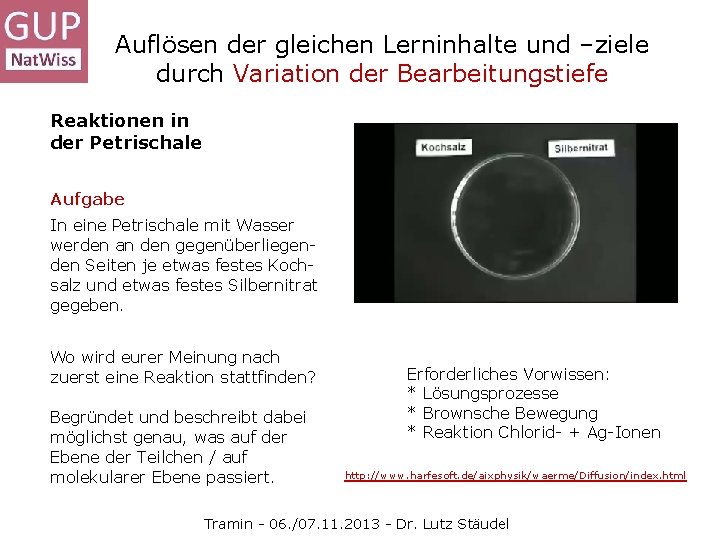 Auflösen der gleichen Lerninhalte und –ziele durch Variation der Bearbeitungstiefe Reaktionen in der Petrischale