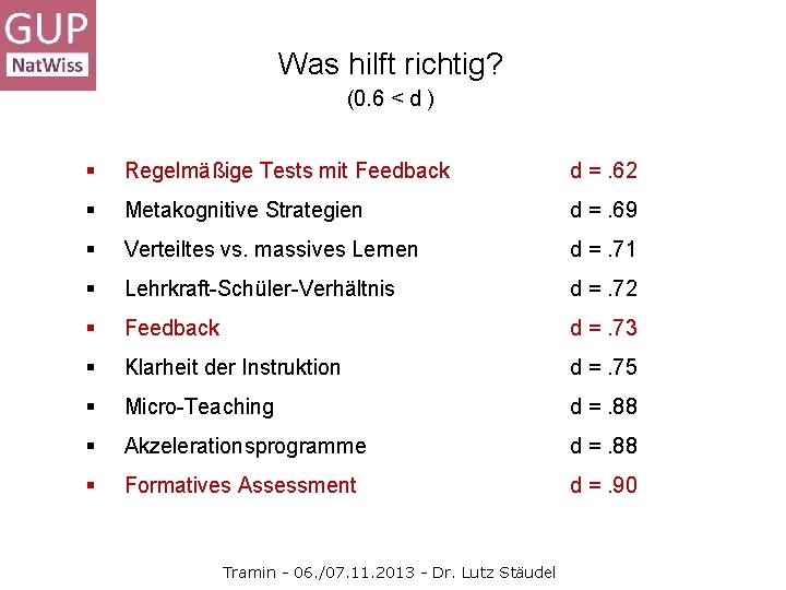 Was hilft richtig? (0. 6 < d ) § Regelmäßige Tests mit Feedback d