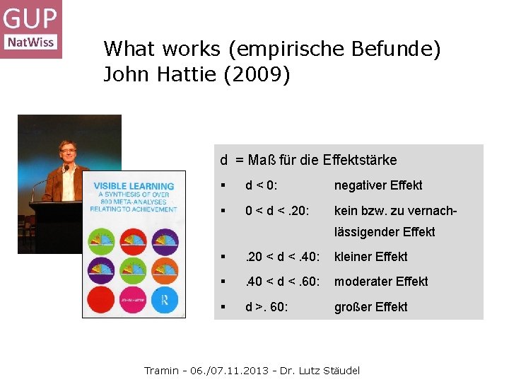 What works (empirische Befunde) John Hattie (2009) d = Maß für die Effektstärke §