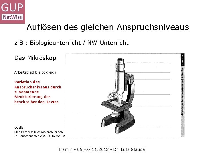 Auflösen des gleichen Anspruchsniveaus z. B. : Biologieunterricht / NW-Unterricht Das Mikroskop Arbeitsblatt bleibt