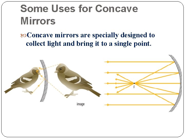Some Uses for Concave Mirrors Concave mirrors are specially designed to collect light and