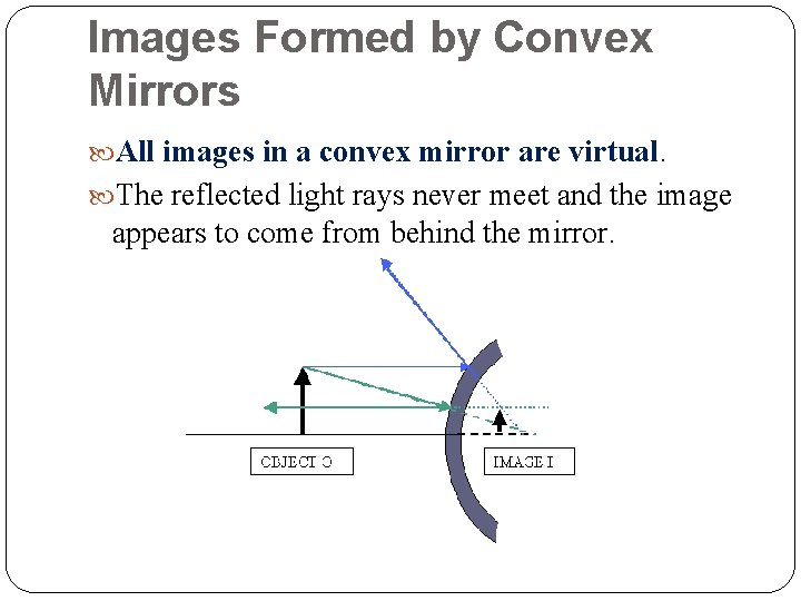 Images Formed by Convex Mirrors All images in a convex mirror are virtual. The Images Formed by Convex Mirrors All images in a convex mirror are virtual. The