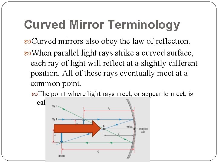 Curved Mirror Terminology Curved mirrors also obey the law of reflection. When parallel light