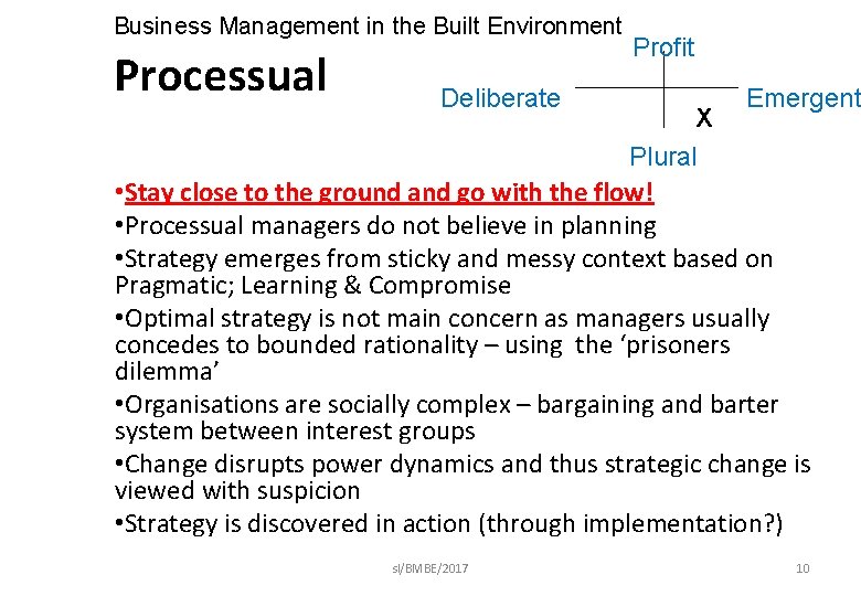 Business Management in the Built Environment Processual Deliberate Profit Emergent X Plural • Stay