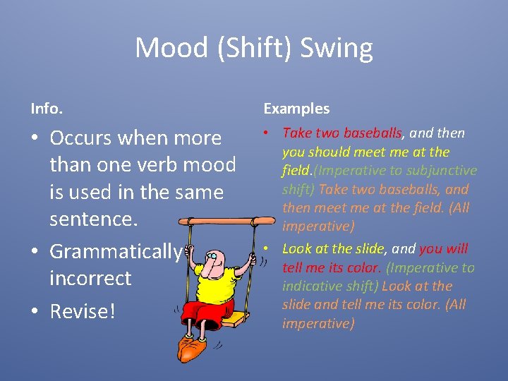 Mood (Shift) Swing Info. Examples • Occurs when more than one verb mood is