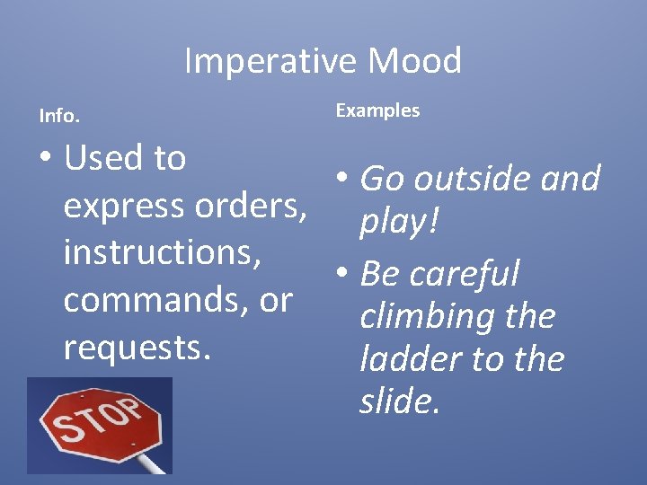 Imperative Mood Info. Examples • Used to • Go outside and express orders, play!