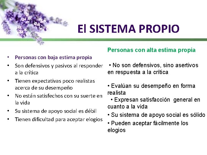 El SISTEMA PROPIO Personas con alta estima propia • Personas con baja estima propia