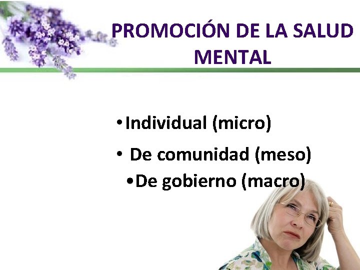 PROMOCIÓN DE LA SALUD MENTAL • Individual (micro) • De comunidad (meso) • De