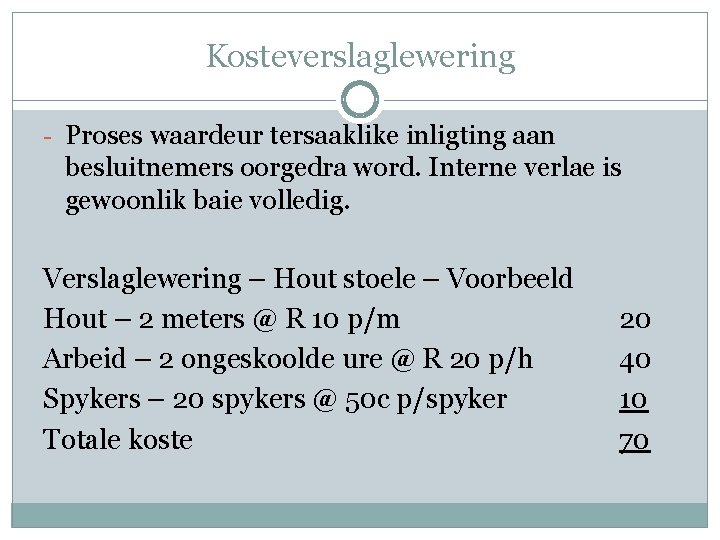 Kosteverslaglewering - Proses waardeur tersaaklike inligting aan besluitnemers oorgedra word. Interne verlae is gewoonlik