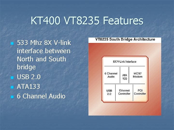 KT 400 VT 8235 Features n n 533 Mhz 8 X V-link interface between