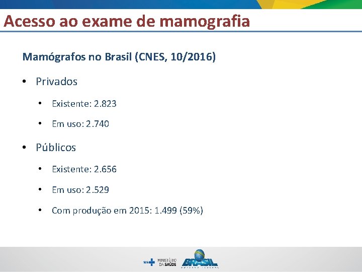 Acesso ao exame de mamografia Mamógrafos no Brasil (CNES, 10/2016) • Privados • Existente: