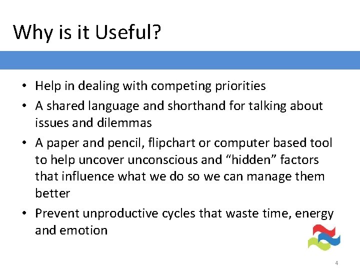 Why is it Useful? • Help in dealing with competing priorities • A shared
