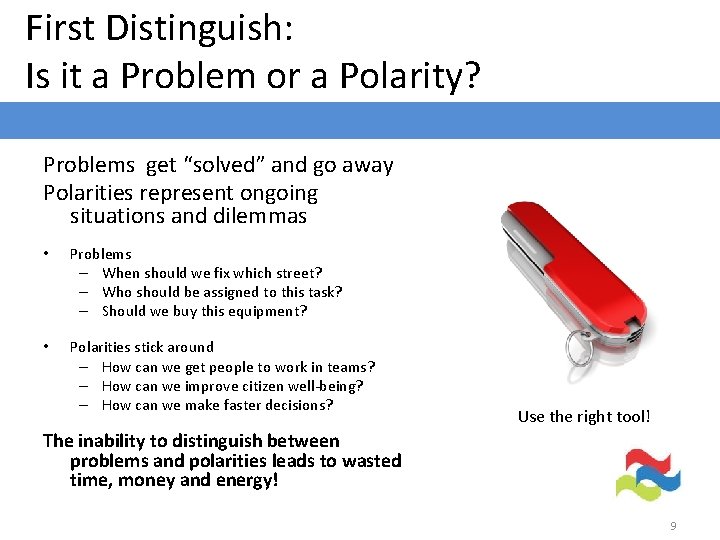 First Distinguish: Is it a Problem or a Polarity? Problems get “solved” and go