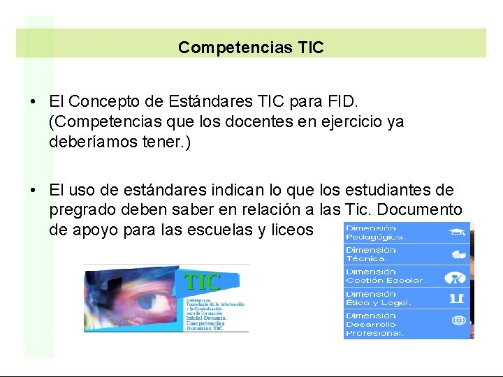 Competencias TIC • El Concepto de Estándares TIC para FID. (Competencias que los docentes