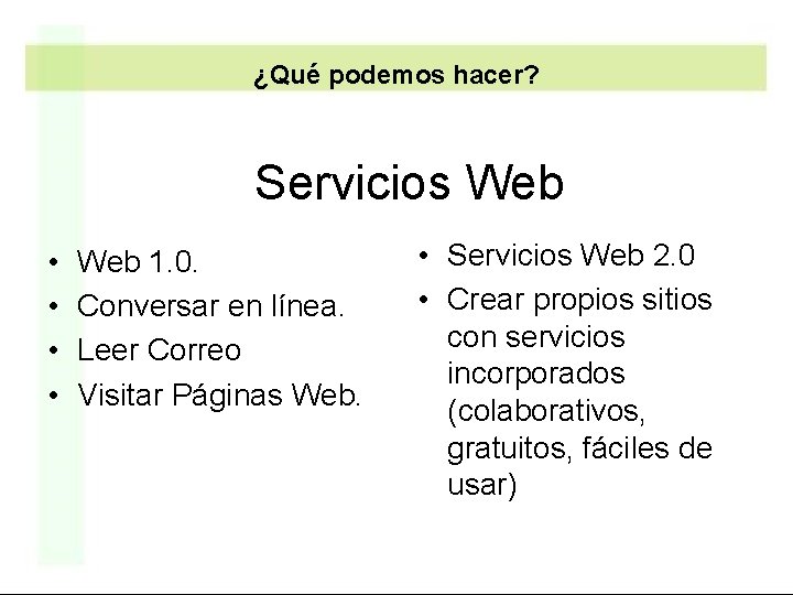 ¿Qué podemos hacer? Servicios Web • • Web 1. 0. Conversar en línea. Leer