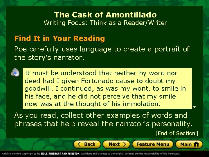 The Cask of Amontillado Writing Focus: Think as a Reader/Writer Find It in Your