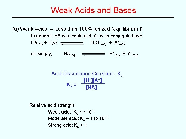 Weak Acids and Bases (a) Weak Acids -- Less than 100% ionized (equilibrium !)